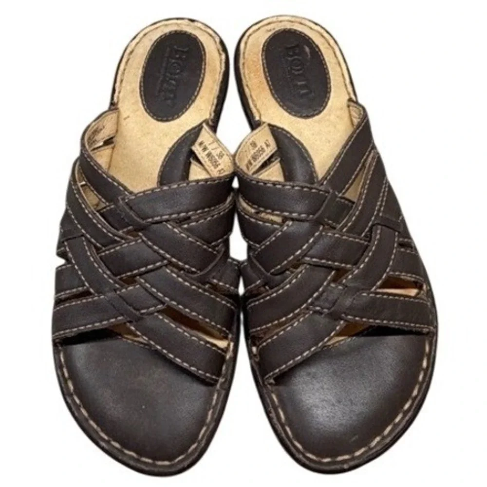 Born Brown Leather Woven Wedge‎ Slide Sandals Womens Size 7